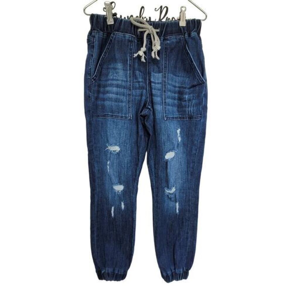 Indigo Thread Denim Jogger Jeans Women's Small Distressed Dark Wash